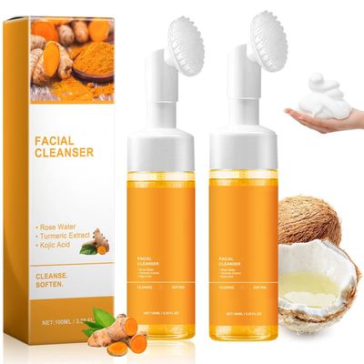JALAWEF 2 Pcs Turmeric Glow Wash Face Wash With Brush, Deep Cleansing Facial Skin Turmeric Foaming Face Wash.