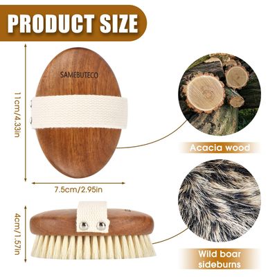 SAMEBUTECOBody Brush Solid Acacia Wood Boar Bristles Bath Brush for Skin Exfoliation,Lymphatic Drainage Improvement Oval Shape Dry Brush Comfort to Hold Works