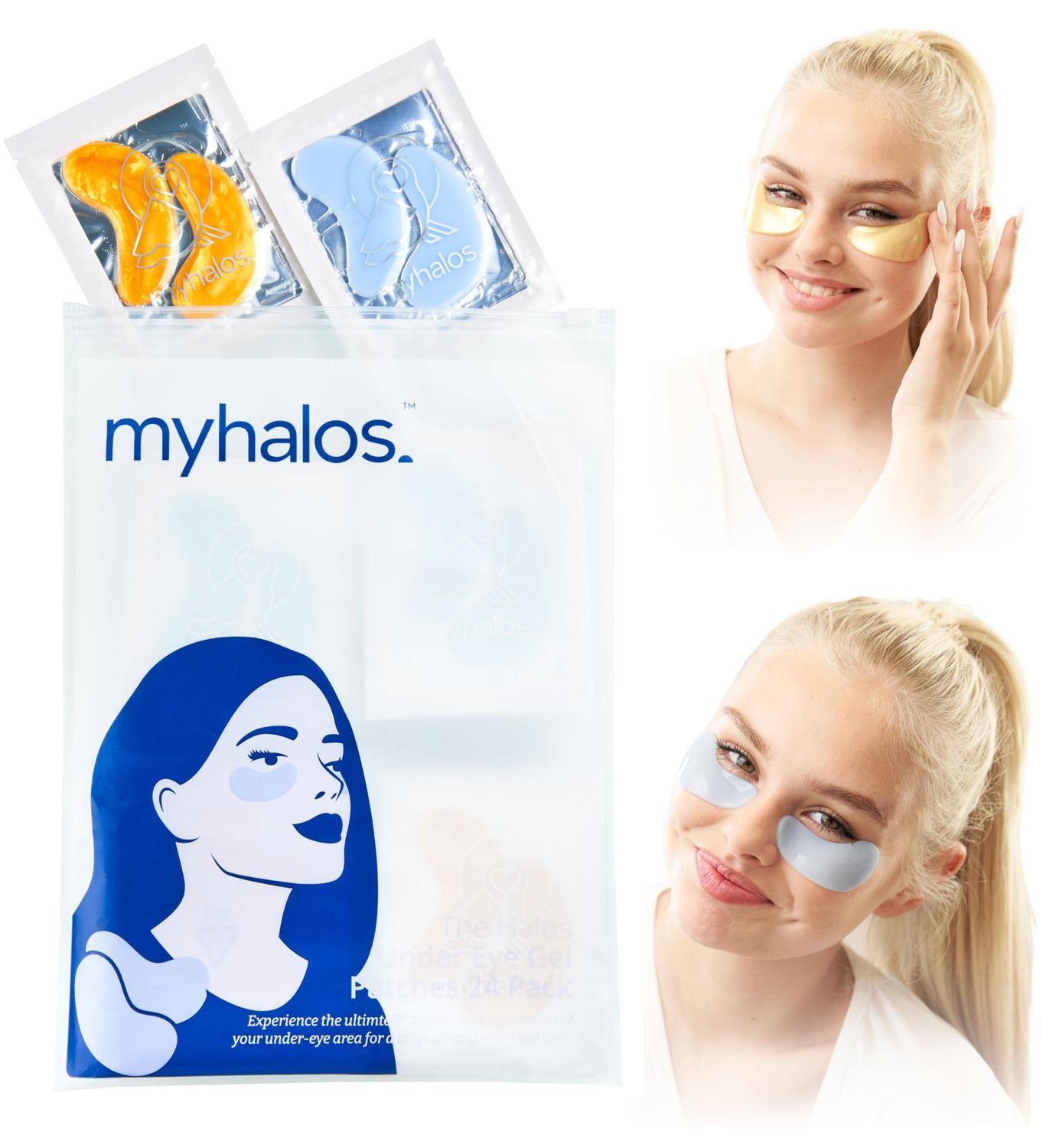 MyHalos Eye Masks for Dark Circles and Puffiness &amp; Eye Patches for Wrinkles Duo- 24 Under Eye Patches for Puffy Eyes, Dark Circles - Eye Mask Skincare Eye Gel Pads - Under Eye Mask Patches Blue, Gold