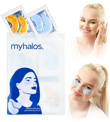MyHalos Eye Masks for Dark Circles and Puffiness &amp; Eye Patches for Wrinkles Duo- 24 Under Eye Patches for Puffy Eyes, Dark Circles - Eye Mask Skincare Eye Gel Pads - Under Eye Mask Patches Blue, Gold
