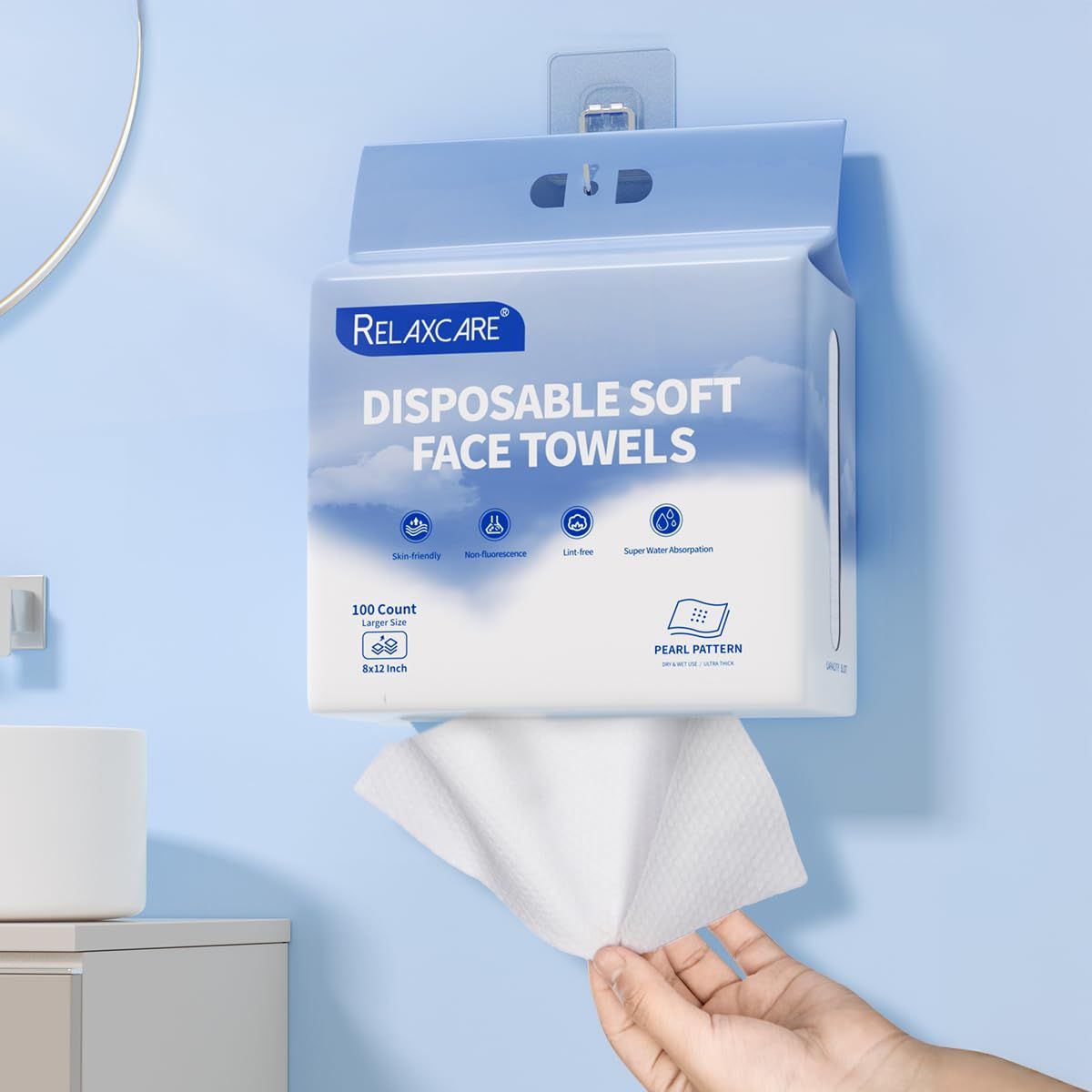 Relaxcare Face Towels, Face Towelettes Disposable, Extra Large 8&quot; X 12&quot;, Soft &amp; Thick for Sensitive Skin, Biodegradable Facial Washcloth, Makeup Remover Dry Wipes, 100 Count