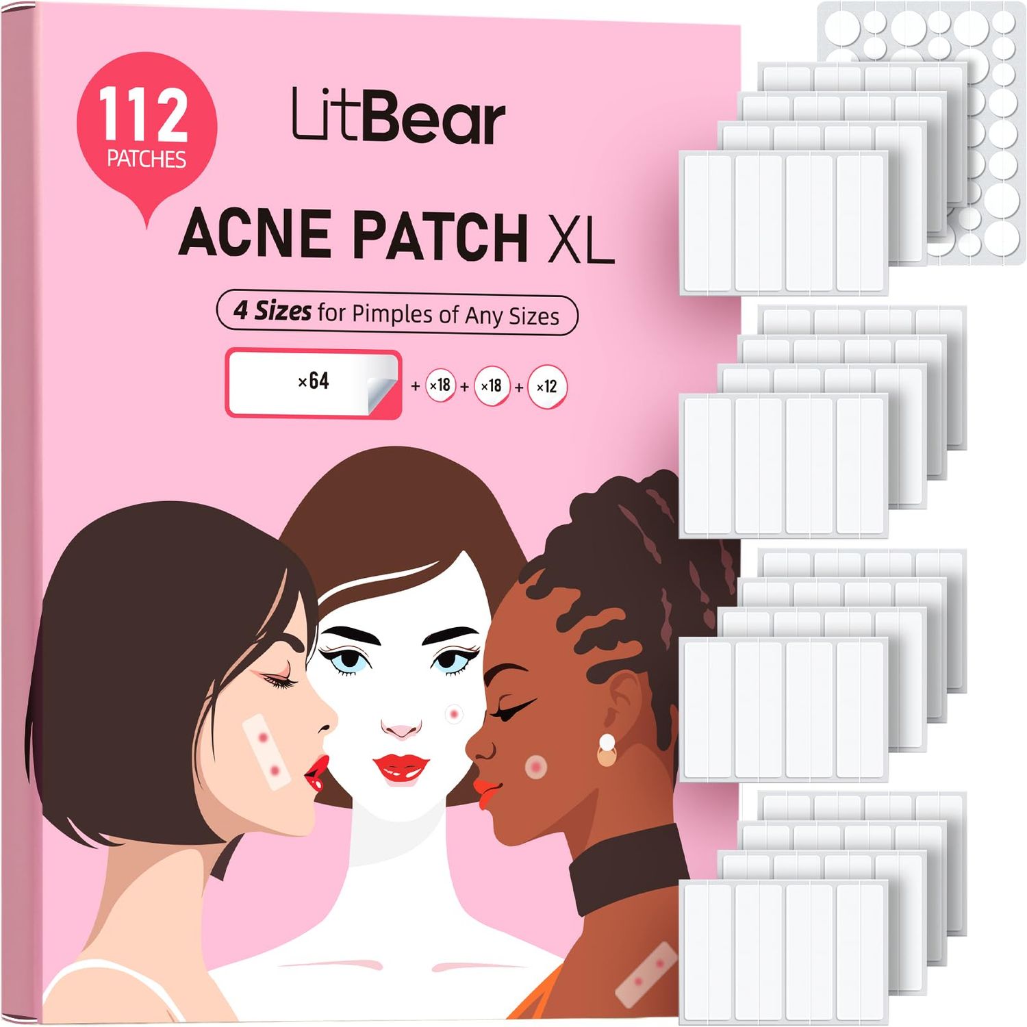 LitBear Large Pimple Patches for Face (4 Sizes 112 Patches), Big Acne Patches, XL Hydrocolloid Bandages for Forehead, Cheek, Chin, Body, Butt, Back &amp; Chest, Rectangle hydrocolloid patch