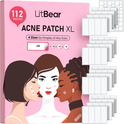 LitBear Large Pimple Patches for Face (4 Sizes 112 Patches), Big Acne Patches, XL Hydrocolloid Bandages for Forehead, Cheek, Chin, Body, Butt, Back &amp; Chest, Rectangle hydrocolloid patch