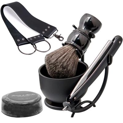 Luxury Men&#39;s Shaving Kit Gift Set, DanNuo Barber Straight Razor with Stand Shaving Brush Dual-Layer Leather Razor Strop Bowl Soap 6pcs Shaving Set for Men