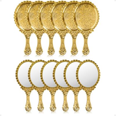 YUSONG 12 Pcs Handheld Mirror with Handle, Makeup Compact Hand Mirrors for Women Travel Small Vintage Purse Mirrors, Hand Held Compact Packet Mini Face Makeup for Girls Decorative (Gold)