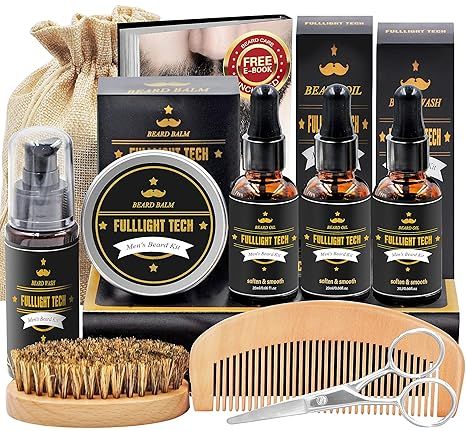 FULLLIGHT TECH Beard Kit for Men Grooming &amp; Care W/Beard Wash,3 Packs Beard Oil,Beard Balm Leave-in Conditioner,Comb,Brush,Scissors,Premium Gifts for Men Dad Husband