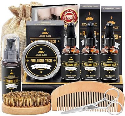 FULLLIGHT TECH Beard Kit for Men Grooming &amp; Care W/Beard Wash,3 Packs Beard Oil,Beard Balm Leave-in Conditioner,Comb,Brush,Scissors,Premium Gifts for Men Dad Husband