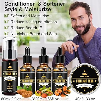 FULLLIGHT TECH Beard Kit for Men Grooming & Care W/Beard Wash,3 Packs Beard Oil,Beard Balm Leave-in Conditioner,Comb,Brush,Scissors,Premium Gifts for Men Dad Husband