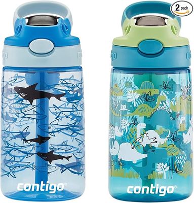 Contigo Aubrey Kids Dinos &amp; Sharks, Cleanable Water Bottle with Silicone Straw, Spill-Proof Lid, Dishwasher Safe, 14oz, 2-Pack