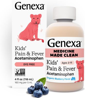 Genexa Kids’ Clean Pain &amp; Fever Acetaminophen, Dye Free, 0% Artificial Additives, Delicious Organic Blueberry Flavor, Liquid Oral Suspension Medicine for Children 2-11, 160 mg per 5mL, 4 fl oz
