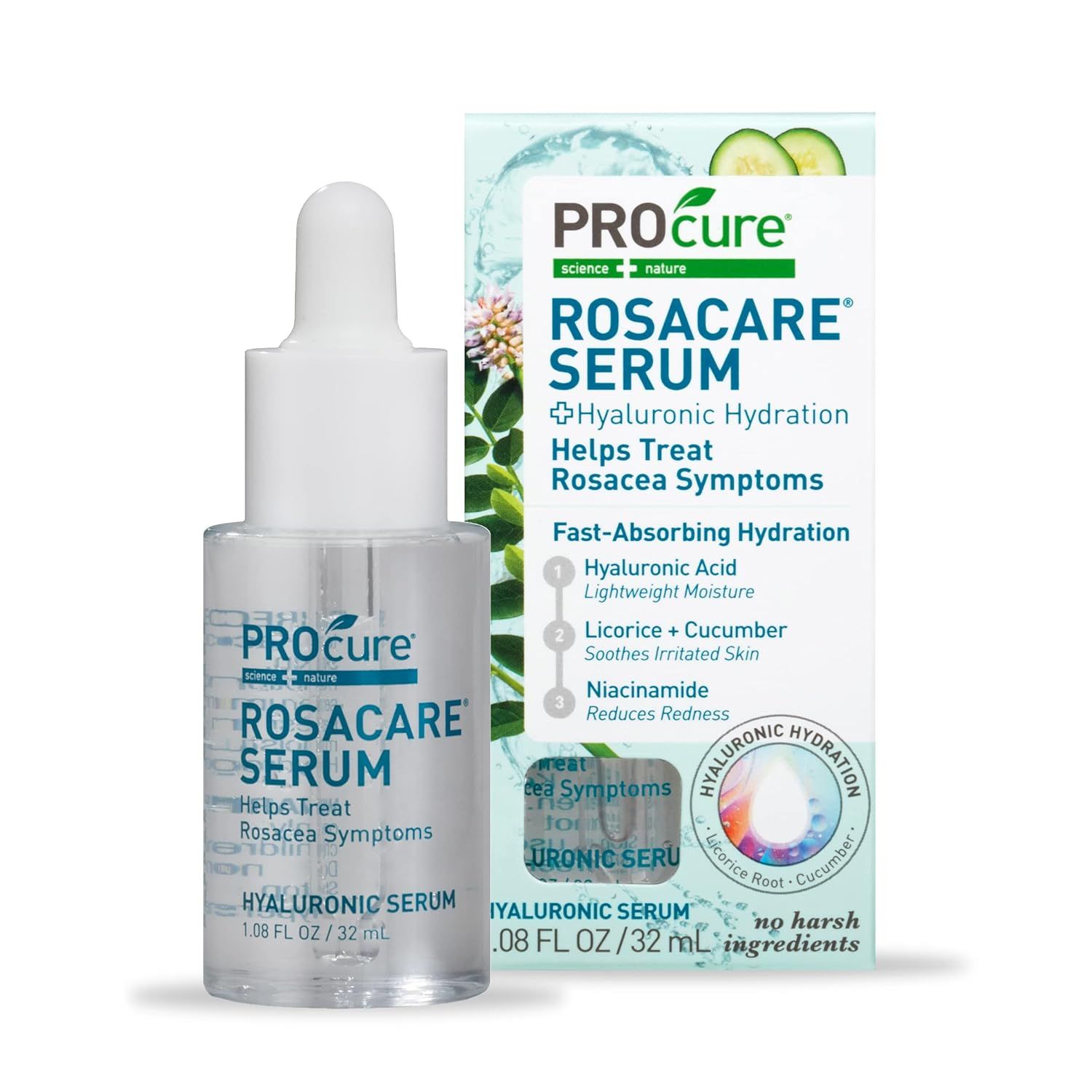 PROcure Rosacare Face Serum, Ultra-Hydrating Rosacea Treatment with Hyaluronic Acid &amp; Niacinamide, Moisturizing, Instant Redness Relief to Reduce Skin Dryness, 1.08 Fl Oz (32mL)