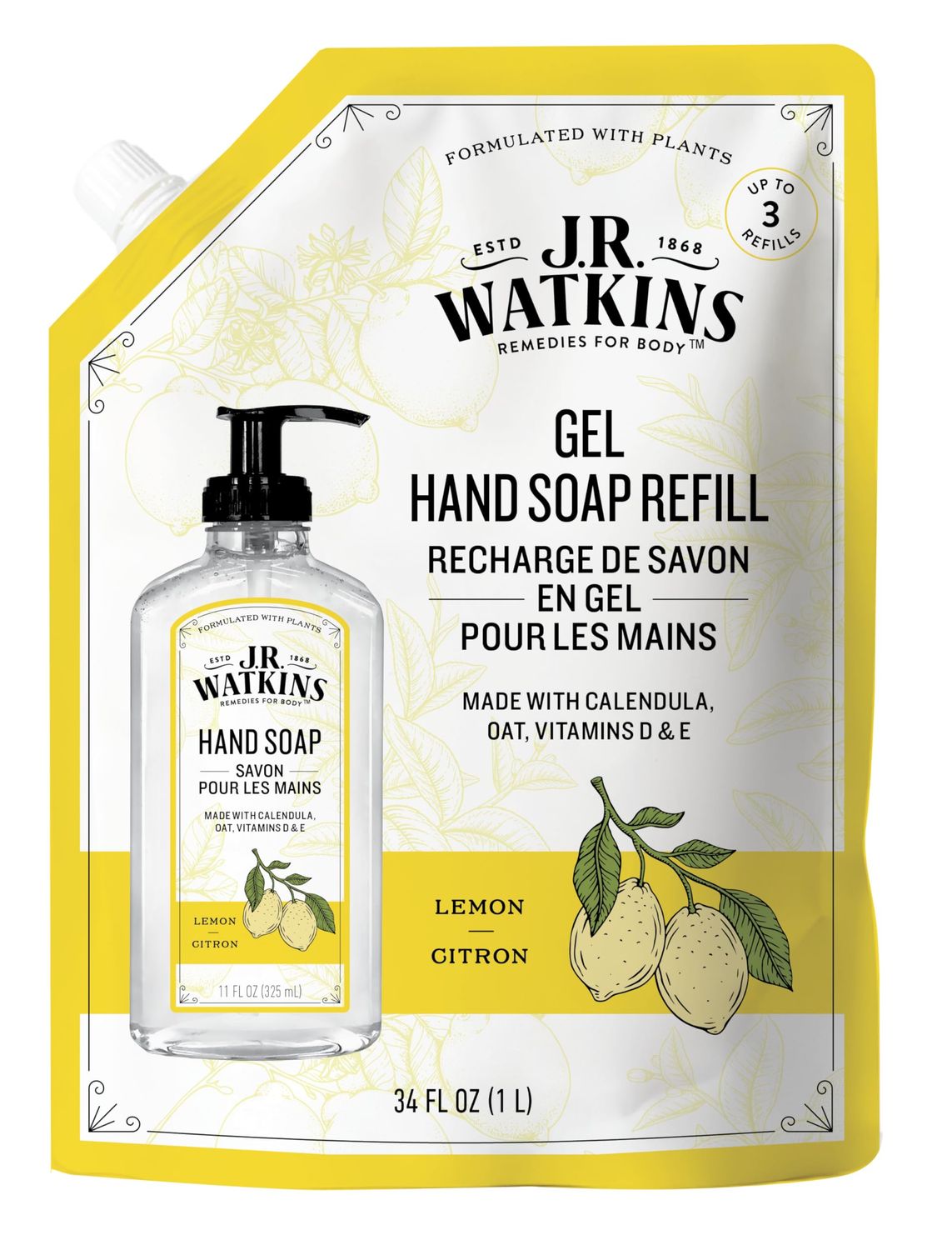 J.R. Watkins Liquid Hand Soap Lemon Refill, 34 Fl Oz