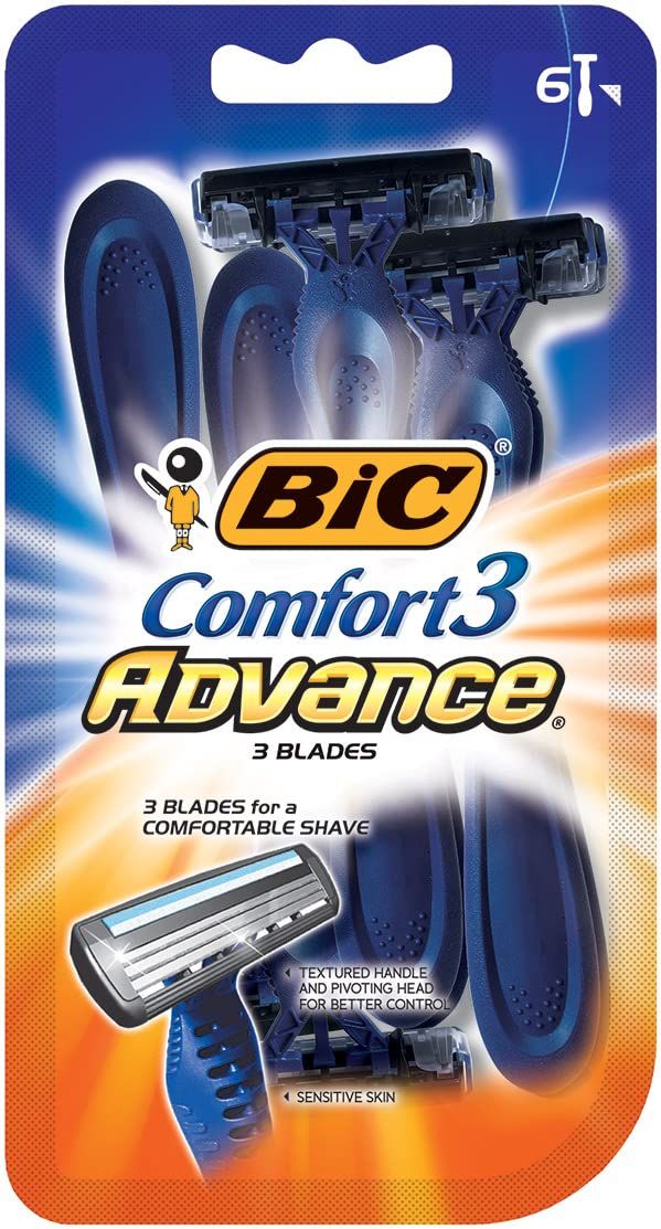 BIC Comfort 3 Advanced Men&#39;s Disposable Razor, Triple Blade, Pack of 6 Razors, For a Simply Smoother Shave