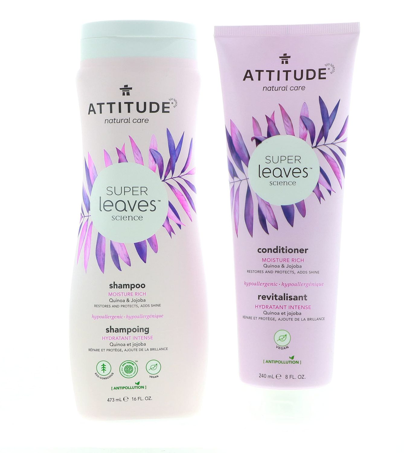 ATTITUDE Super Leaves Moisture Rich Shampoo &amp; Conditioner Bundle With Quinoa, Vitamin B5, Jojoba, Indian Cress, Watercress &amp; Jasmine, Guava, 16 + 8 Fl Oz, 2 Count