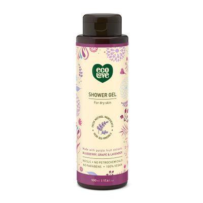 ecoLove - Natural Moisturizing Body Wash for Dry Skin - Organic Blueberry, Grape &amp; Lavender - No SLS or Parabens - Vegan and Cruelty-Free Shower Gel, 17.6 oz