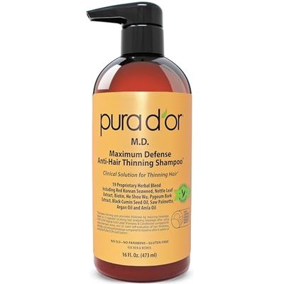 PURA D&#39;OR 16 Oz MD Anti-Hair Thinning Maximum Defense Shampoo - 0.5% Coal Tar, Biotin, 19+ DHT Herbal Blend For Dry &amp; Itchy Scalp, No Sulfates - For Men &amp; Women