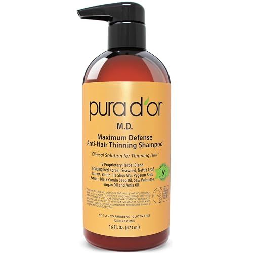 PURA D'OR 16 Oz MD Anti-Hair Thinning Maximum Defense Shampoo - 0.5% Coal Tar, Biotin, 19+ DHT Herbal Blend For Dry &amp; Itchy Scalp, No Sulfates - For Men &amp; Women
