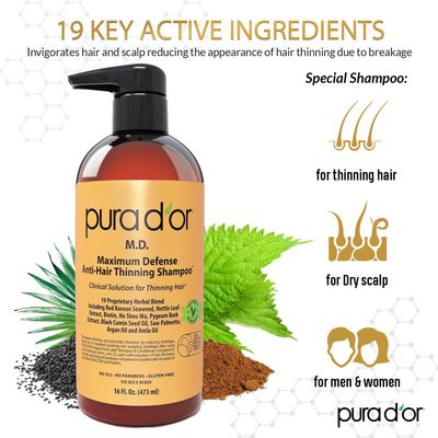 PURA D'OR 16 Oz MD Anti-Hair Thinning Maximum Defense Shampoo - 0.5% Coal Tar, Biotin, 19+ DHT Herbal Blend For Dry &amp; Itchy Scalp, No Sulfates - For Men &amp; Women
