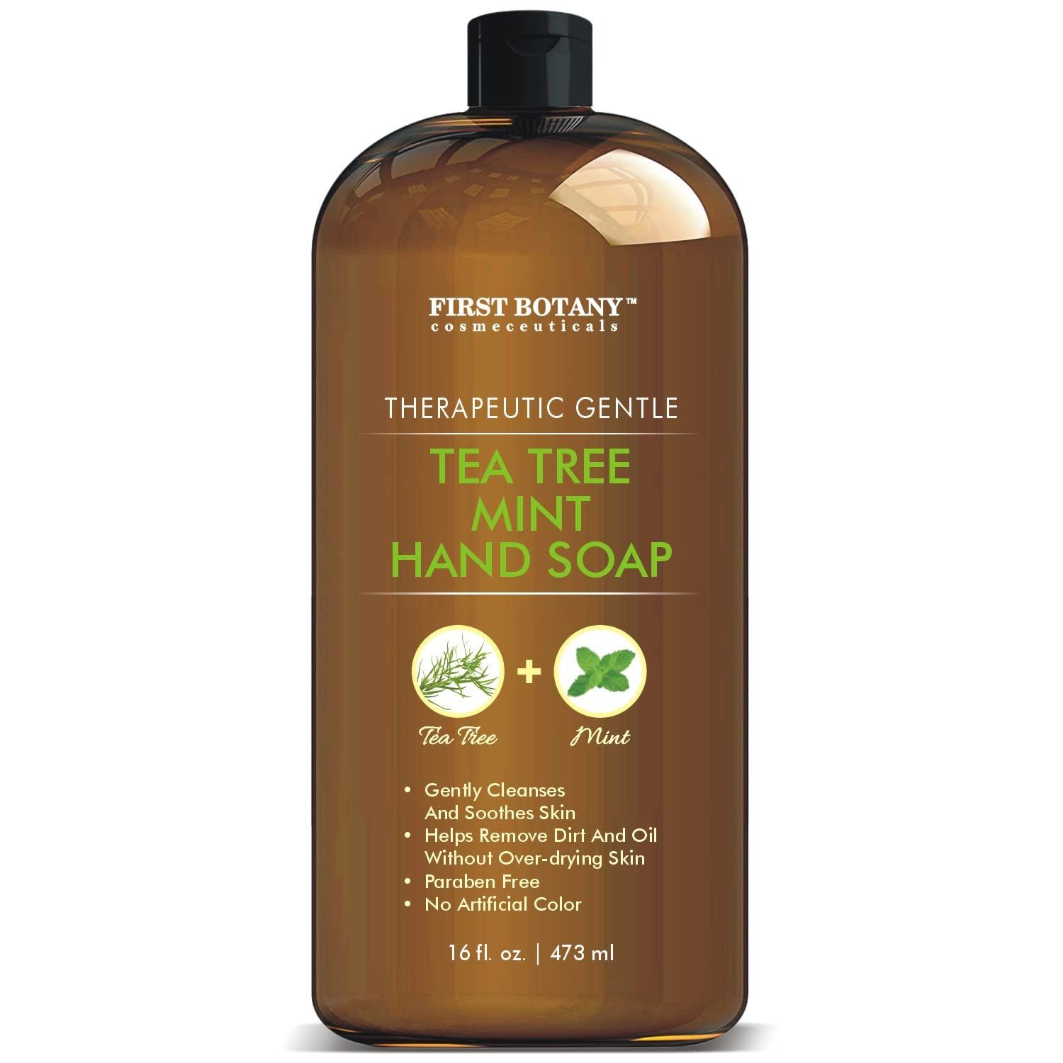 First Botany Tea Tree Mint Hand Soap - Liquid Hand Soap with Peppermint, Jojoba &amp; Coconut Oil Multipurpose Liquid Soap Natural Bathroom Soap &amp; Liquid hand wash - 16 oz
