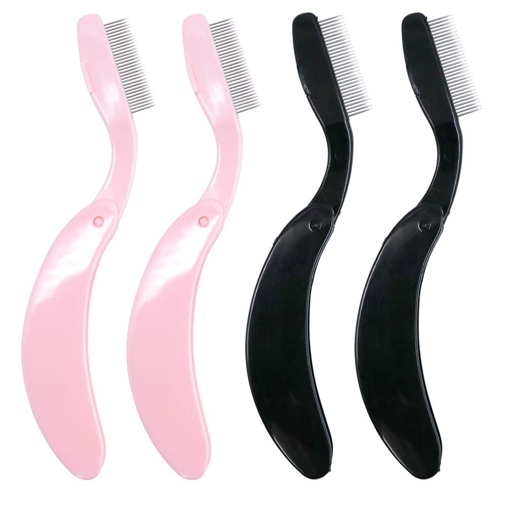 G2PLUS 4PCS Folding Eyelash Comb, Eyebrow Comb Metal Teeth, Eyelash Separator Comb, Eyelash Brush and Comb, Professional Tool for Define Lash &amp; Brow (Pink+Black)