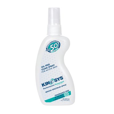 KINeSYS Fragrance Free Clear Spray Sunscreen for sensitive skin, SPF 50, Hypoallergenic, Broad Spectrum UVA/UVB protection for Face &amp; Body; PABA and Oxybenzone FREE, 700+ Sprays, 4 Fl Oz/120 mL