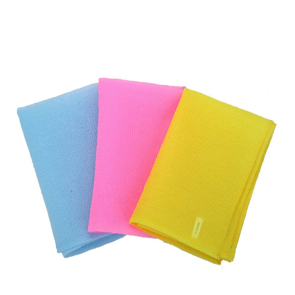 KAKOOI Long Exfoliating Nylon Bath Cloth/Towel, Magic Shower Washcloth for Body, 35 inches(3PCS, Blue&amp;Yellow&amp;Pink)