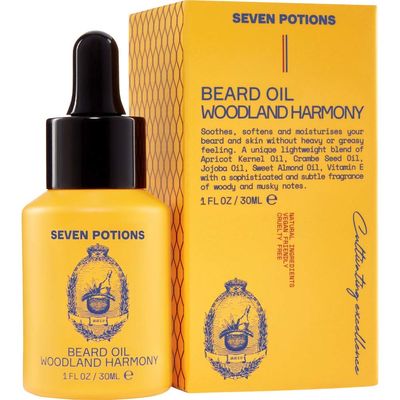 Beard Oil 1 fl oz by Seven Potions. Sweet and Woody Scented Beard Softener. Stops Beard Itch. Natural, Vegan, Beard Conditioning Oil. Contains Jojoba Oil (Woodland Harmony)