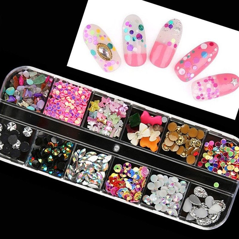BEINNY 4 Boxes 12 Grids Nail Art Rhinestones + 1 PC Dotting Pen + 1 PC Straight Tweezer Tool Kits Nail Art Rhinestones Studs