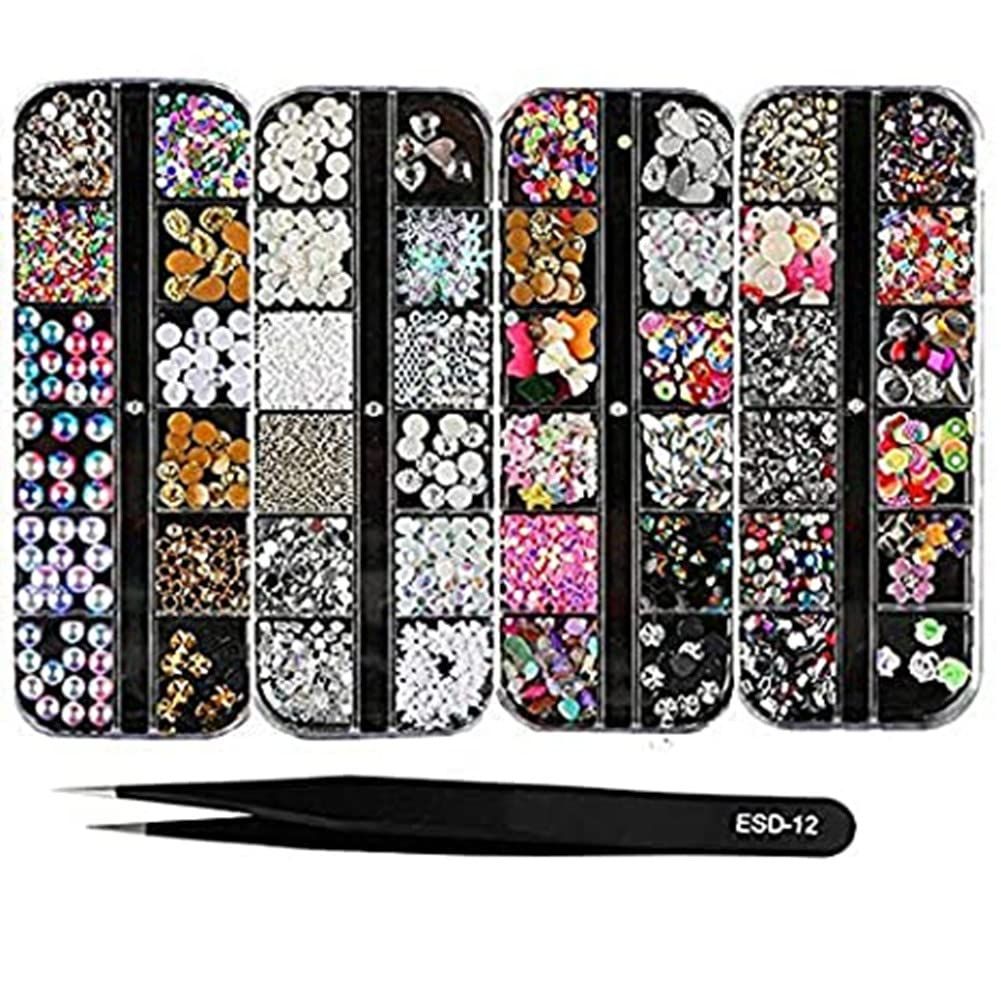 BEINNY 4 Boxes 12 Grids Nail Art Rhinestones + 1 PC Dotting Pen + 1 PC Straight Tweezer Tool Kits Nail Art Rhinestones Studs