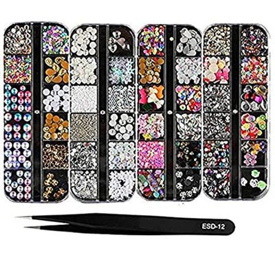 BEINNY 4 Boxes 12 Grids Nail Art Rhinestones + 1 PC Dotting Pen + 1 PC Straight Tweezer Tool Kits Nail Art Rhinestones Studs