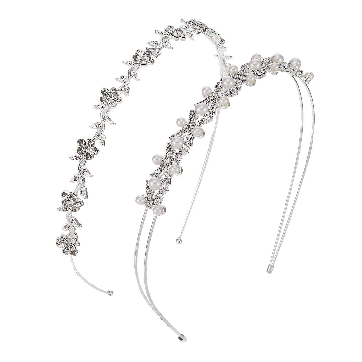 Pangda 2 Pieces Rhinestone Bridal Crystal Women&#39;s Headband Wedding Flower Girl Pearl Diamond Slim Thin Silver Flower Leaves Crown Hair Band Accessories Headpiece Tiara for Bride Bridesmaids