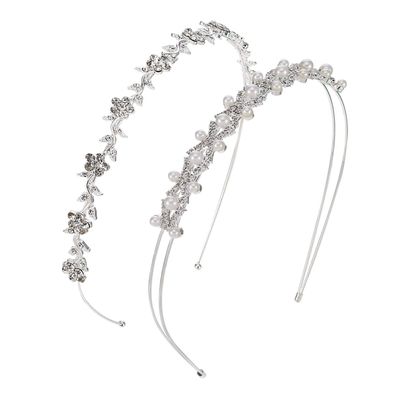 Pangda 2 Pieces Rhinestone Bridal Crystal Women&#39;s Headband Wedding Flower Girl Pearl Diamond Slim Thin Silver Flower Leaves Crown Hair Band Accessories Headpiece Tiara for Bride Bridesmaids