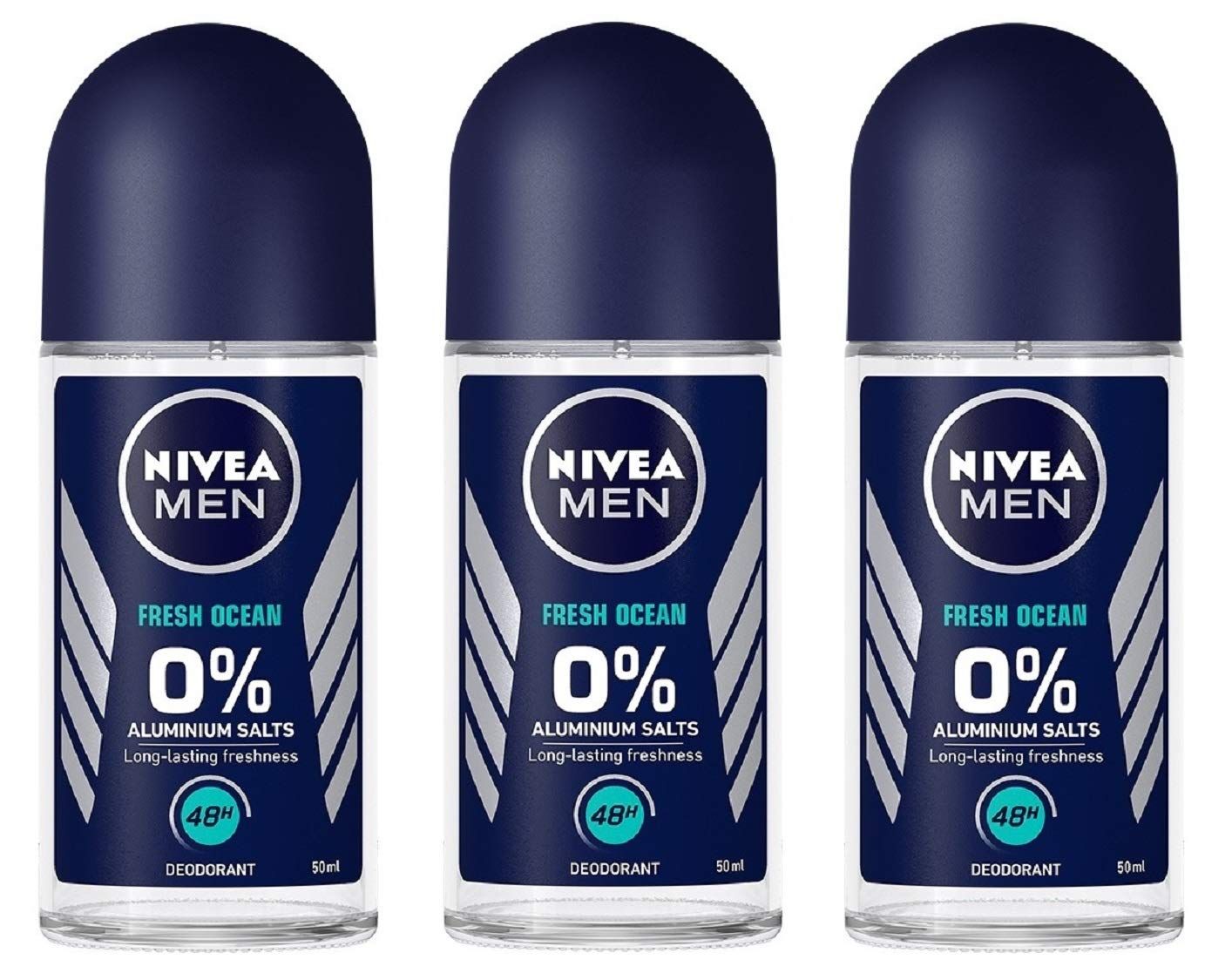 (Pack of 3 Bottles) Nivea FRESH OCEAN Men&#39;s Roll On Deodorant (Pack of 3 Bottles, 1.7oz / 50ml Each Bottle) 0% Aluminium Salts