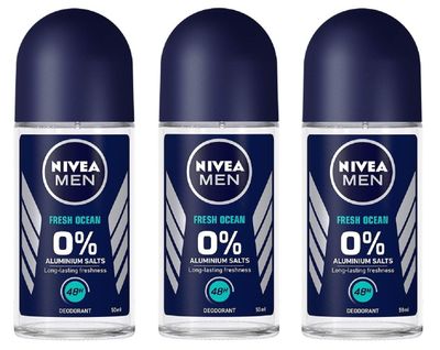 (Pack of 3 Bottles) Nivea FRESH OCEAN Men&#39;s Roll On Deodorant (Pack of 3 Bottles, 1.7oz / 50ml Each Bottle) 0% Aluminium Salts