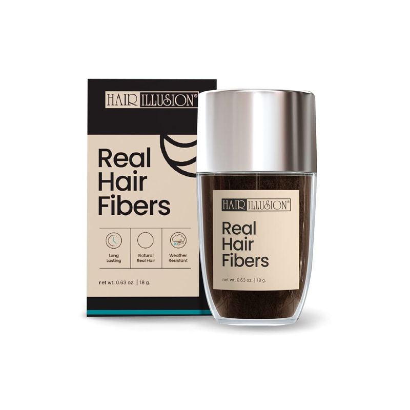 Hair Illusion Dark Brown Real Hair Fibers for Thinning Hair - 100% Natural Texture, Non Synthetic Hair Fibers - Bald Spot Cover Up for Women &amp; Men - 18 Gram