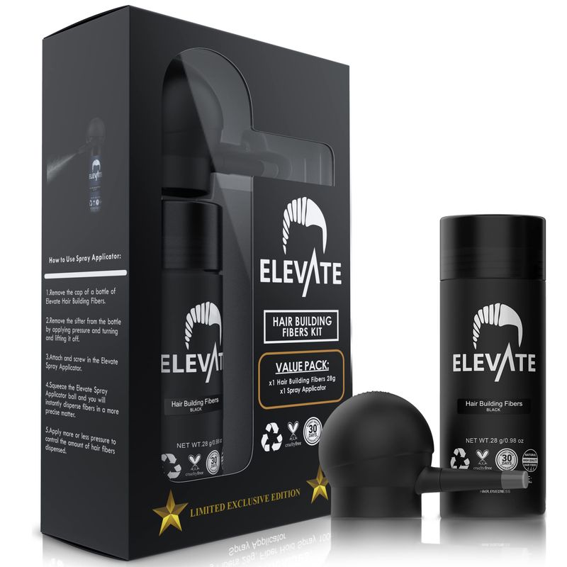 ELEVATE Hair Perfecting 2-in-1 Kit | Set Includes Natural Hair Thickening Fibers &amp; Spray Applicator Pump Nozzle | Instantly Conceal &amp; Thicken Thinning Balding Areas in Seconds - Men &amp; Women (Black)