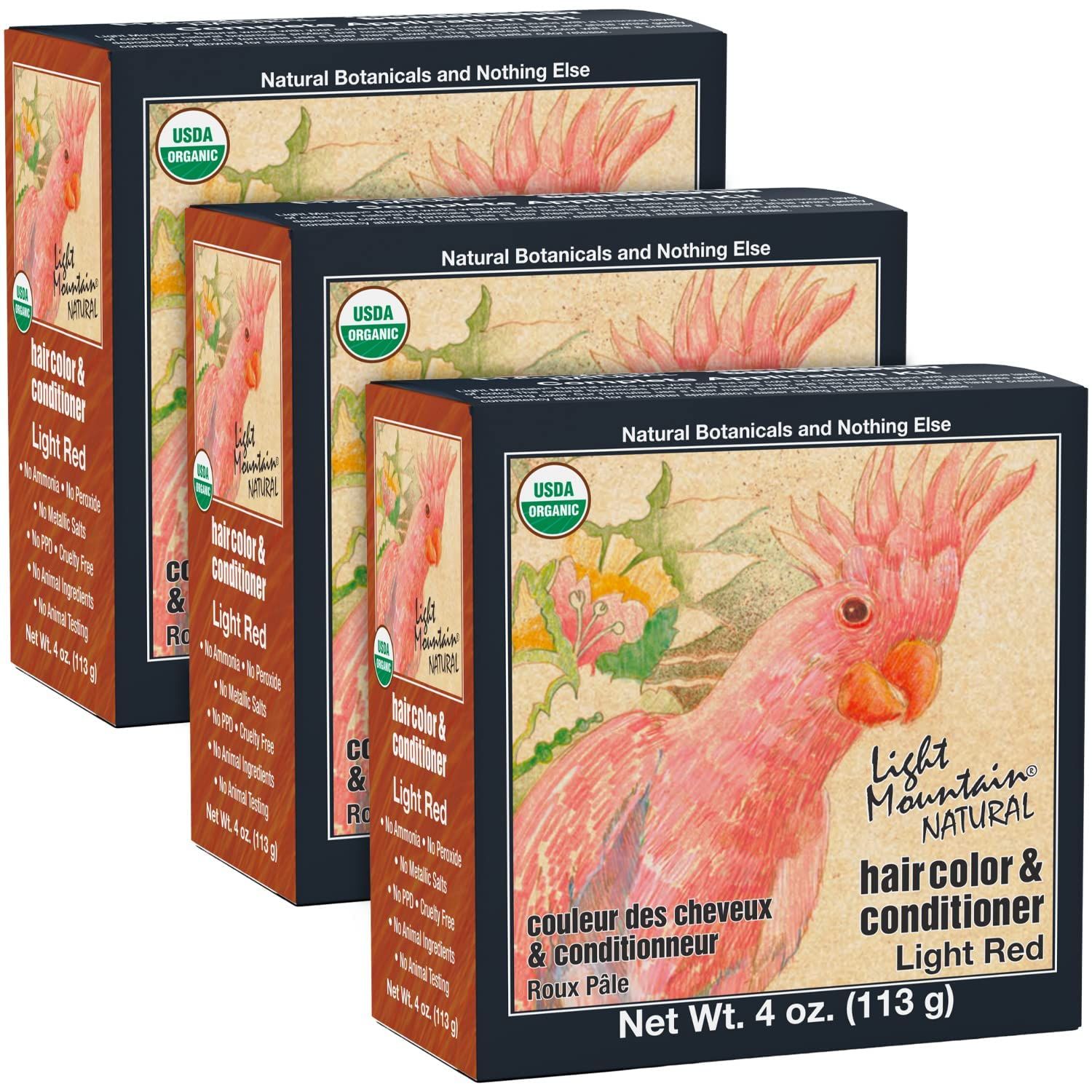 Light Mountain Henna Hair Color &amp; Conditioner - Light Red Hair Dye for Men/Women, Organic Henna Leaf Powder and Botanicals, Chemical-Free, Semi-Permanent Hair Color, 4 Oz (Pack of 3)