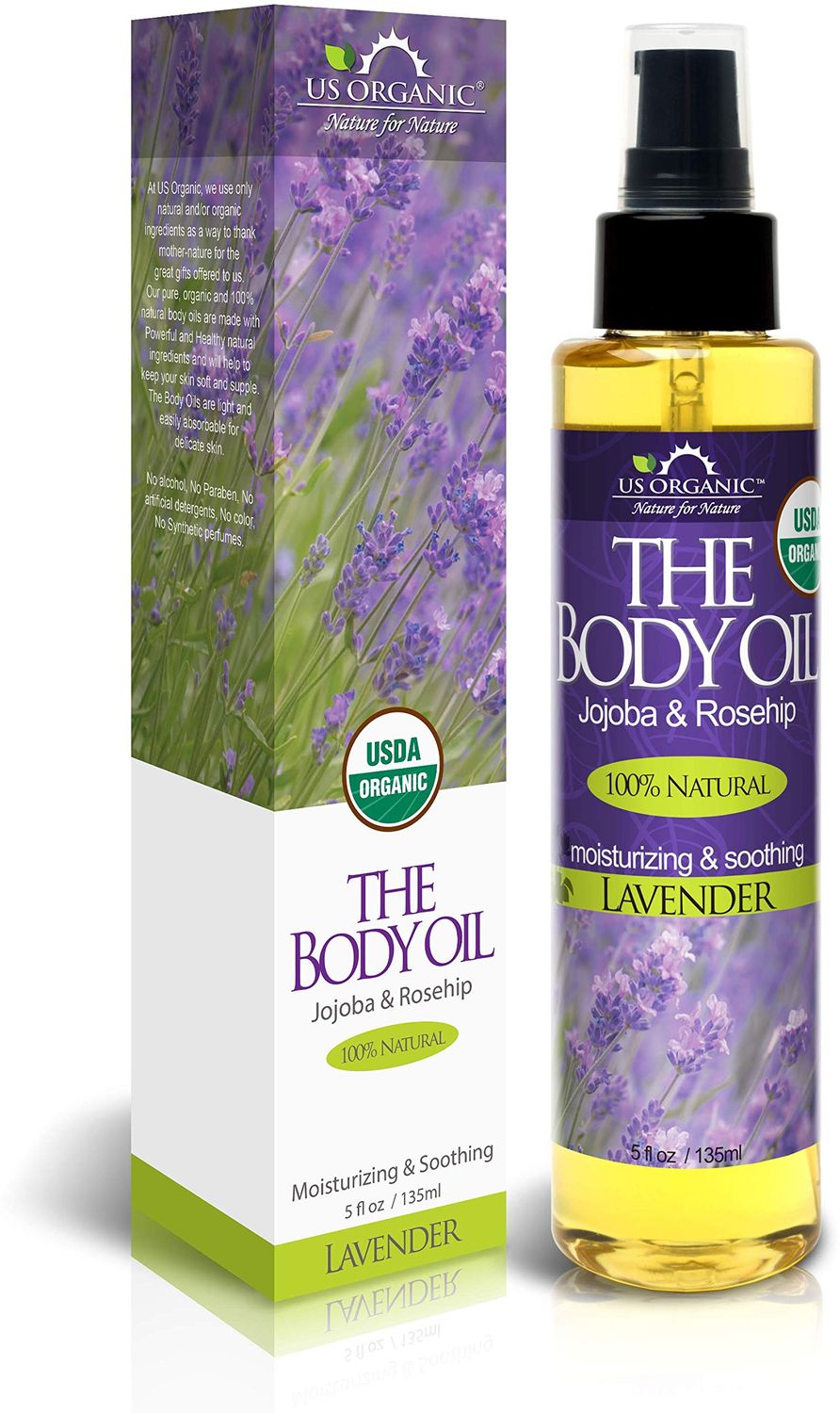 US Organic Body Oil - Elegant Lavender - Jojoba and Rosehip Oil with Vitamin E, Certified Organic, No Alcohol, Paraben, Artificial Detergents, Color or Synthetic perfumes, 5 Fl.oz. (Lavender)