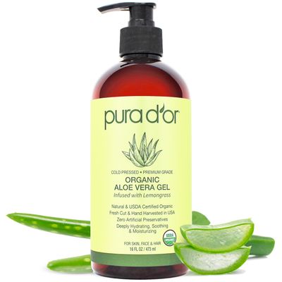 PURA D&#39;OR 16 Oz ORGANIC Aloe Vera Gel - Lemongrass - All Natural - ZERO Artificial Preservatives - Deeply Hydrating &amp; Moisturizing - Sunburn, Bug Bites, Rashes, Small Cuts, Eczema Relief - Skin &amp; Hair