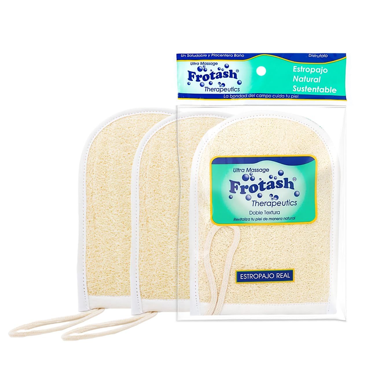 Frotash Premium Eco-Friendly Loofah Bath Shower Sponge Glove for Daily Cleansing, Exfoliating &amp; Massage | 100% Natural Handmade Luffa Body Scrubber | Double-Sided Mitt for varied Exfoliation | 3 Count