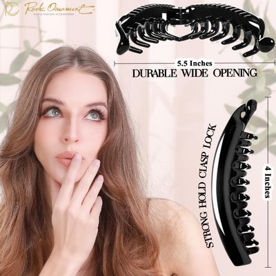 RC ROCHE ORNAMENT 6 Pcs Womens Premium Hair Plastic Banana Classic Clincher Strong Hold Ponytail Maker Styling Girls Ladies Beauty Accessory Clasp Clip, Medium Black