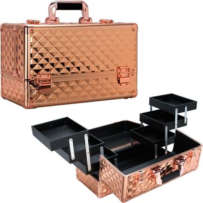 Ver Beauty 6-Tiers VP001 Accordion Trays Professional Cosmetic Makeup Train Case, Rose Gold Diamond