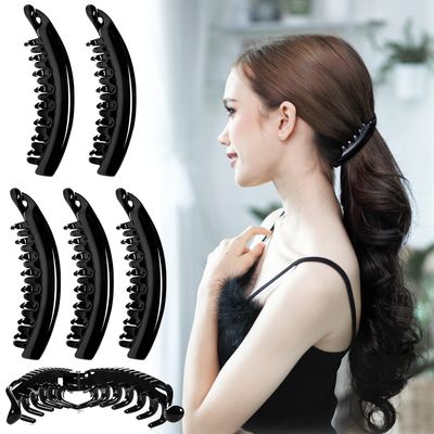 RC ROCHE ORNAMENT 6 Pcs Womens Premium Hair Plastic Banana Classic Clincher Strong Hold Ponytail Maker Styling Girls Ladies Beauty Accessory Clasp Clip, Medium Black