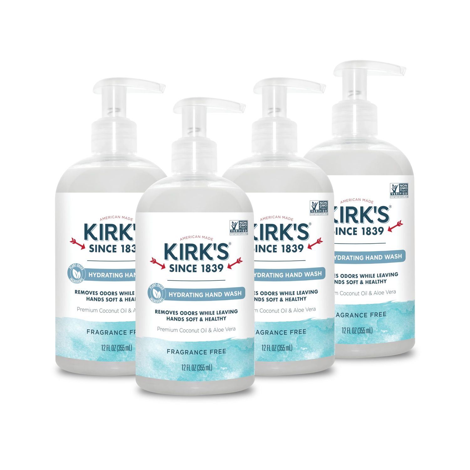 Kirk&#39;s Hydrating Hand Wash - Made with Premium Coconut Oil and Aloe Vera, With Plant Based Technology To Help Eliminate Odors, Non GMO, Vegan, Fragrance Free, 12 Fl Oz. 4 pack