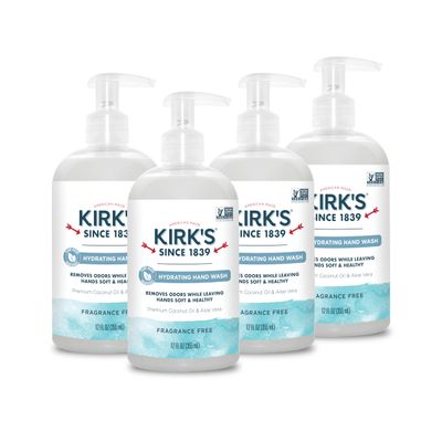 Kirk&#39;s Hydrating Hand Wash - Made with Premium Coconut Oil and Aloe Vera, With Plant Based Technology To Help Eliminate Odors, Non GMO, Vegan, Fragrance Free, 12 Fl Oz. 4 pack
