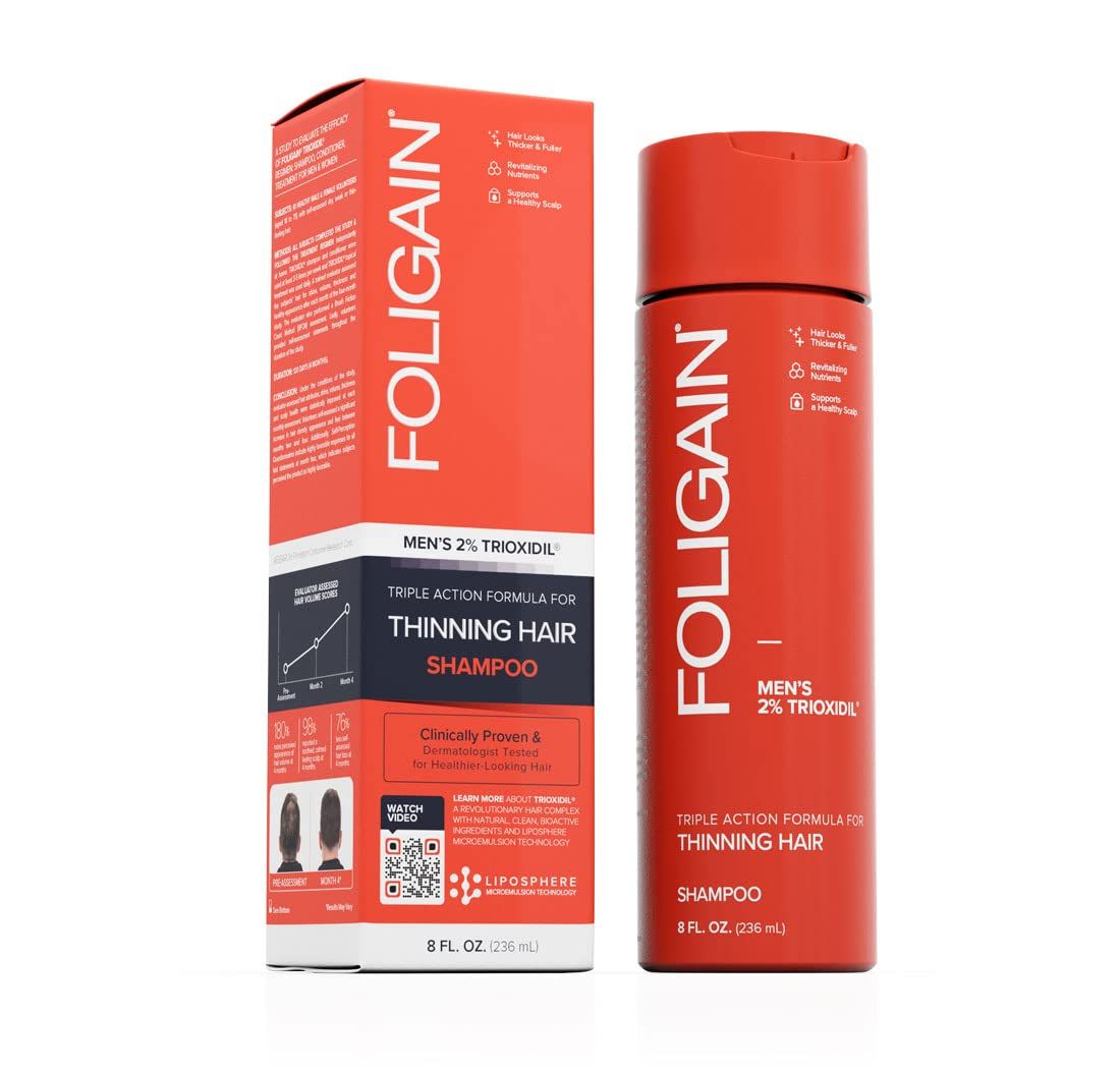 Foligain Triple Action Shampoo For Thinning Hair, Mens Volumizing Shampoo, with 2% Trioxidil 8 Fl. Oz.