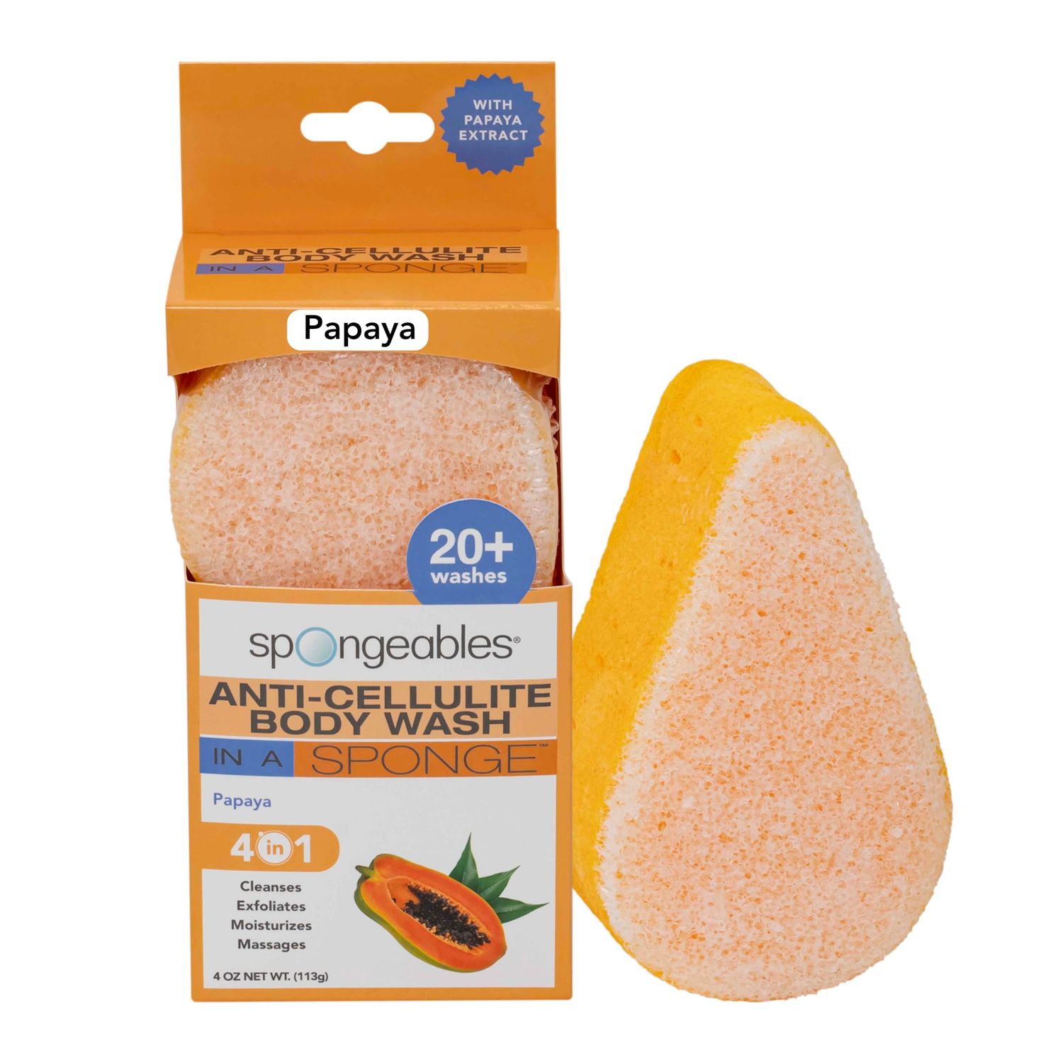 Spongeables Anti Cellulite Body Wash in a 20+ Wash Sponge, Papaya, 1 Count