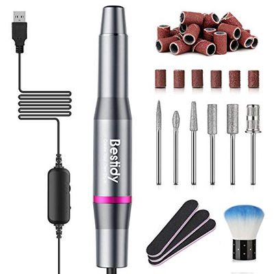 Bestidy Best Gift Electric Nail Drill Kit, USB Manicure Pen Sander Polisher with 6 Pieces Changeable Drills and Sand Bands for Exfoliating, Polishing, Nail Removing, Acrylic Nail Tools (B-Black)