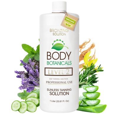 Body Botanicals, Professional Sunless Tanning Spray Tan Solution, Organic Essential Oils, Airbrush Formula, 33.8 Fl Oz. (Level 2 (10% DHA))