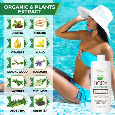 Body Botanicals, Professional Sunless Tanning Spray Tan Solution, Organic Essential Oils, Airbrush Formula, 33.8 Fl Oz. (Level 2 (10% DHA))